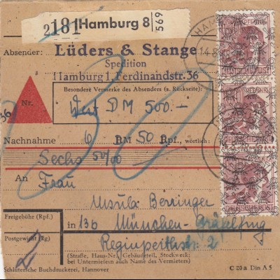 BiZone Paketkarte 1948: Hamburg nach Gräfeling, Wertkarte, Nachnahme