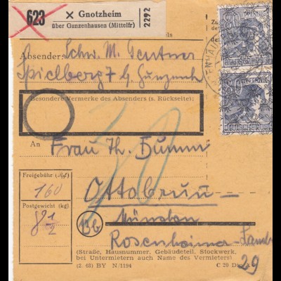 BiZone Paketkarte: Gnotzheim nach Ottobrunn, Nachgebühr