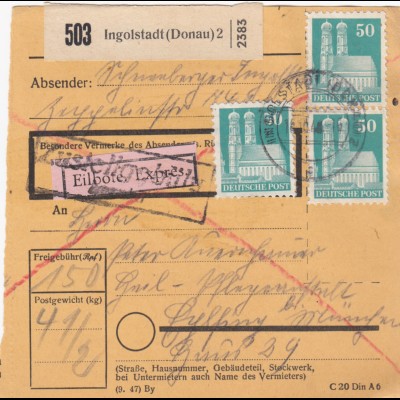 BiZone Paketkarte 1948: Ingolstadt nach Eglfing, Heilanstalt, Eilbote Exprès