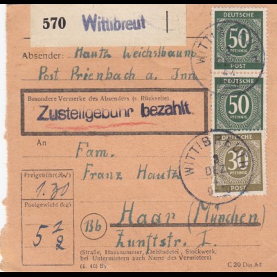 Paketkarte 1947: Prienbach Wittibreut nach Haar