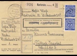 Paketkarte 1948: Karlsruhe nach Pullach Isartal