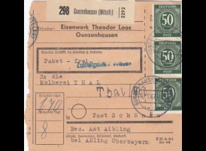 Paketkarte 1947: Gunzenhausen nach Molkerei Thal Schönau, Selbstbucher