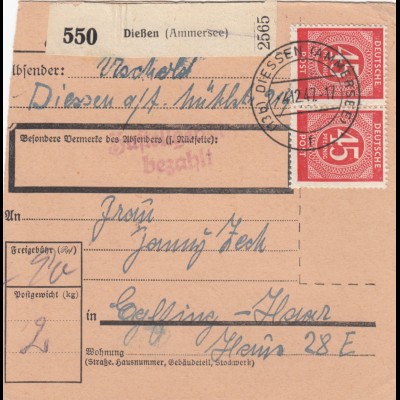 Paketkarte 1947: Dießen nach Eglfing Haar