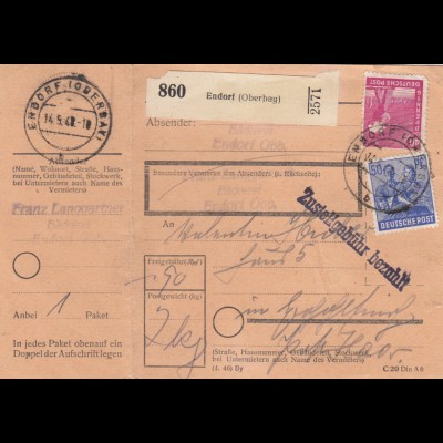 Paketkarte 1948: Endorf nach Eglfing, mit Notpaketkarte