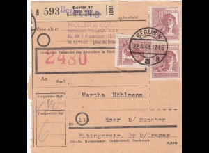 Paketkarte 1948: Berlin Spindlersfeld n. Haar, Selbstbucher, Vermerk 2480