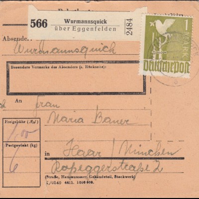 Paketkarte 1948: Wurmannsquick nach Haar bei München
