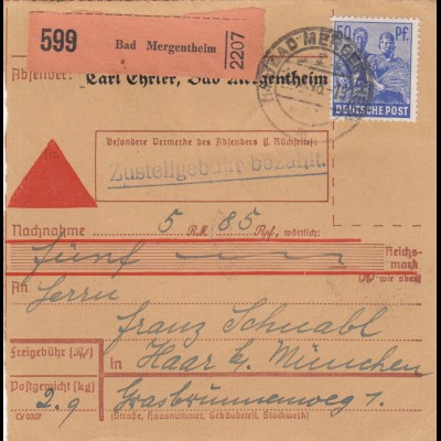 Paketkarte 1948: Bad Mergentheim nach Haar, Selbstbucher, Nachnahme