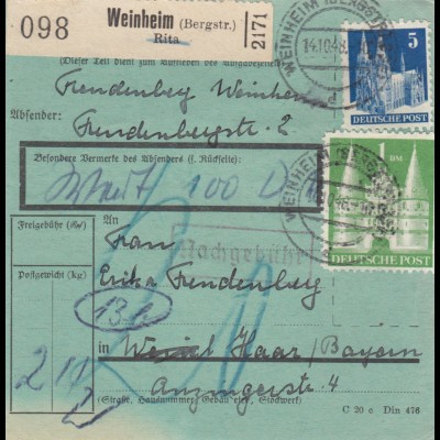 BiZone Paketkarte 1948: Weinheim nach Haar, Wertkarte, besonderes Formular