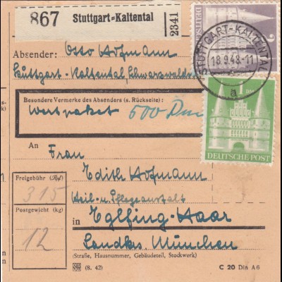 BiZone Paketkarte 1948: Stuttgart-Kaltental nach Eglfing, Anstalt, Wertkarte