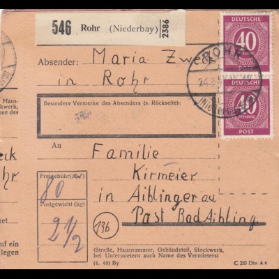 Paketkarte 1947: Rohr nach Bad Aibling, Doppel-Notpaketkarte aufgeklebt