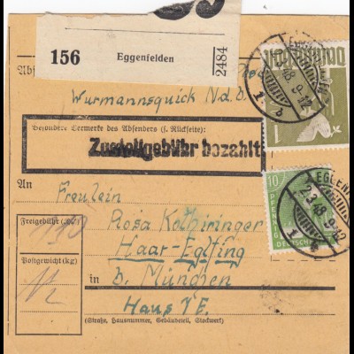 Paketkarte 1948: Wurmannsquick Eggenfelden nach Haar Eglfing