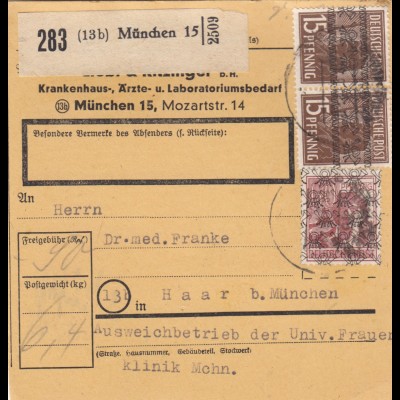 BiZone Paketkarte 1948: München, Krankenhausbedarf nach Haar, Selbstbucher
