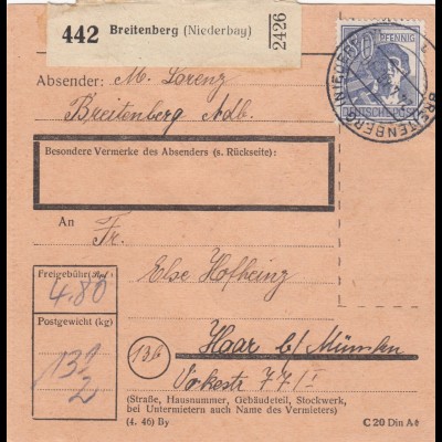 Paketkarte 1948: Breitenberg nach Haar München