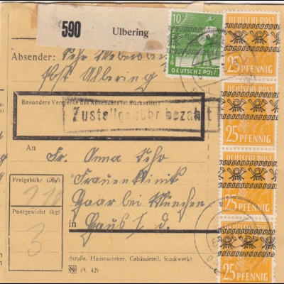 BiZone Paketkarte 1948: Ulbering nach Haar bei München, Frauenklinik