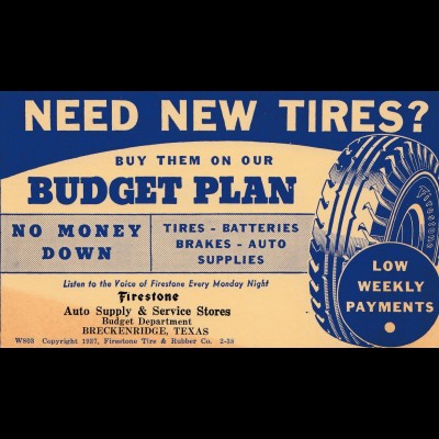 Werbekarte von USA Breckenridge, Texas, Werbung Reifen -Tires, Firestone 1938