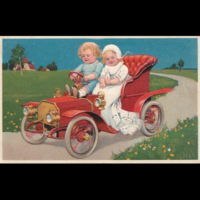 Thematik: Automobil: Ansichtskarte Kinder im Auto1908 von Boppard nach Holland