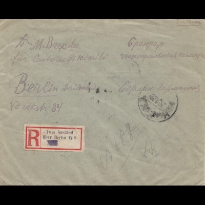 Brief mit R-Zettel: Vom Ausland über Berlin W8 1922
