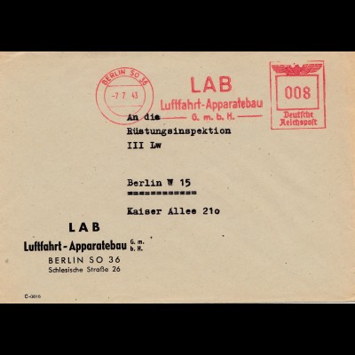 LAB Luftfahrt Apparatebau Berlin an Rüstungsinspektion 1943