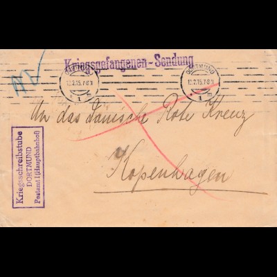 POW - Kgf: 1915 Kriegsschreibstube Dortmund nach Kopenhagen