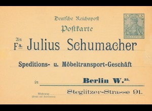 Ganzsache: Privater Zudruck: Julius Schumacher - Möbel Transport Berlin Germania