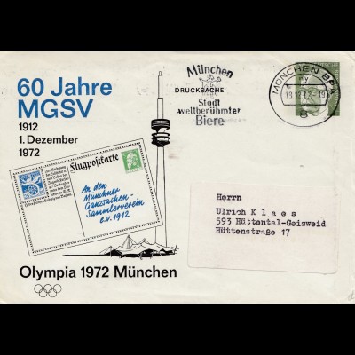 Olympia 1972 München: 60 Jahre MGSV - Stadt der Biere - Ganzsache