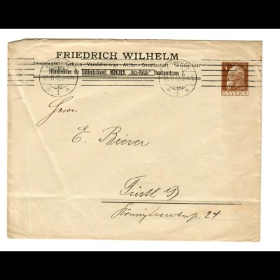 München, Ganzsachen Umschlag 1912 nach Fürth