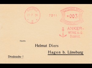 1926: Bielefeld - Anker Werke - als Drucksache nach Lüneburg-Hagen