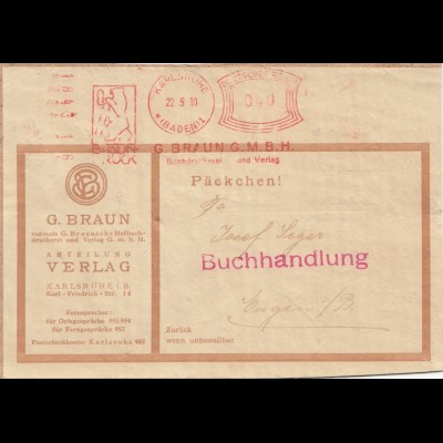 1930: Freistempel Berlin mit Bär der Firma Braun Druck als Päckchen