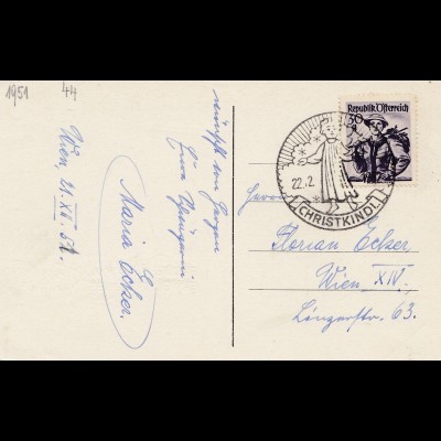 1952: Christkindl - Österreich Postkarte nach Wien IVX