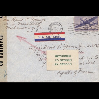 Zensur: USA 1945 to Panama - Returned to sender -Censor