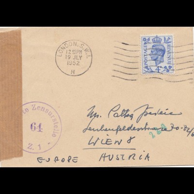 Zensur: 1952: Brief von London nach Wien: Alliierte Zensur 64