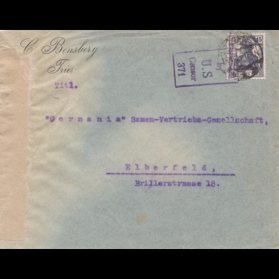 Zensur: 1919: Brief von Trier nach Elberfeld-US Censor