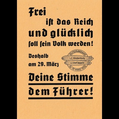 Zeppelin: Wahlpropaganda 29. März 1936 für Adolf Hitler mit Luftschiff Zeppelin