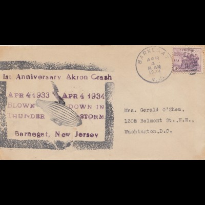 Brief 1934 1st anniversary Akron Crash-Zeppelin, New Jersey/Barnegat