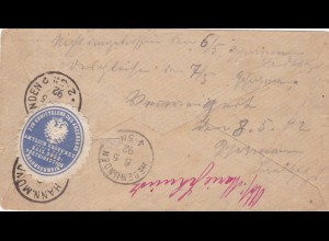 Brief 1892 von Hannover Münden nach Laubach-zurück-Ermittlung Absender