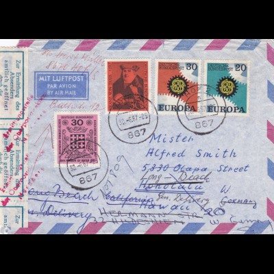 Brief 1967 von Hof nach USA_Hawaii und zurück - amtlich geöffnet-Absender Nrbg