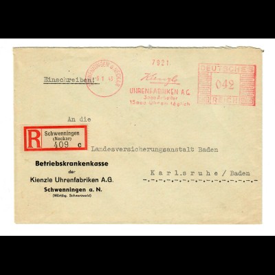 Einschreiben Schwenningen/N, Kienzle Uhrenfabrik nach Karlsruhe 1943