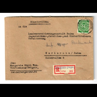 Einschreiben Schriesheim/Bergstr. nach Karlsruhe 1947