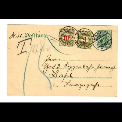 Ganzsache aus Haspe 1909 in die Schweiz mit Nachgebühr/Taxe