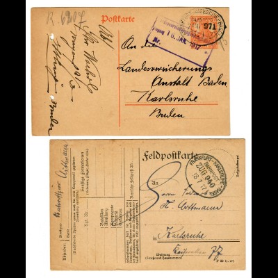 2x Feldpostkarte/Postkarte, Bahnpost Frankfurt/Karlsruhe/Basel 1917