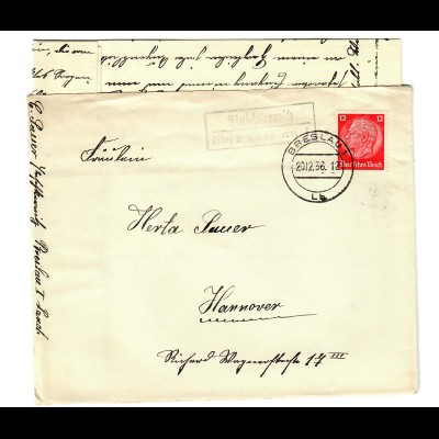 Brief aus Breslau Land mit Agenturstempel Paschterwitz 1936 nach Hannover