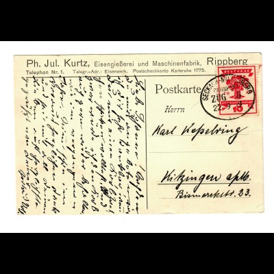 Postkarte Eisengießerei Rippberg/Walldürn, Bahnpost Seckach-Miltenberg 1919