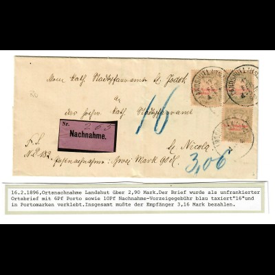 Nachnahme Brief Ortsbrief Landshut, Vorzeigegebühr 1895