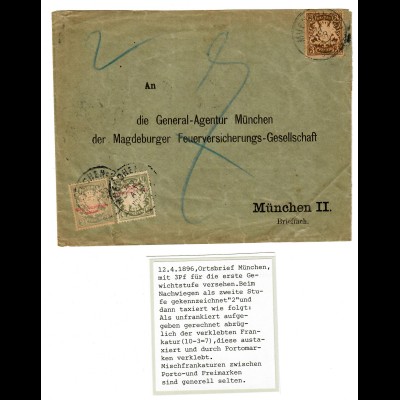 Ortsbrief München 1896, Nachwiegen und neu taxiert. Selten