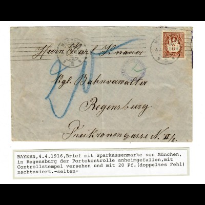 Brief von München Sparkassenmarke nach Regensburg 1916 Post Kontrolle Nachgebühr