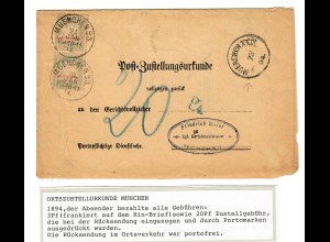 Ortszustellurkunde München, 1894, Rücksendung durch Portomarken portofrei