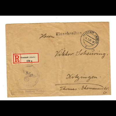 1938: Neustadt/Aisch als Einschreiben, Frei durch Ablösung Reich, nach Kitzingen