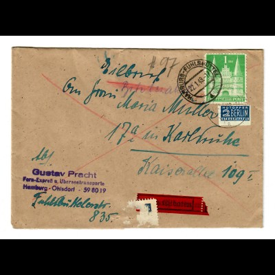 1949 Eilbote von Hamburg Ohlsdorf/Fhlsbüttel nach Karlsruhe