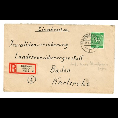Einschreiben Böblingen 1947 nach Karlsruhe