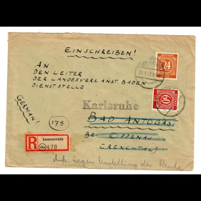 Einschreiben Immenreuth 1947 nach Oppenau, Weiterleitung Karlsruhe